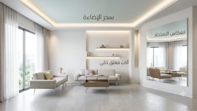 "شقة مودرن صغيرة وواسعة تعتمد على حيل الإضاءة المخفية والسبوتات في السقف، مع جدران أوف وايت ومرايا ضخمة تعكس الضوء الطبيعي وأثاث معلق ذكي بأرجل رفيعة لتوسيع المساحات الضيقة."