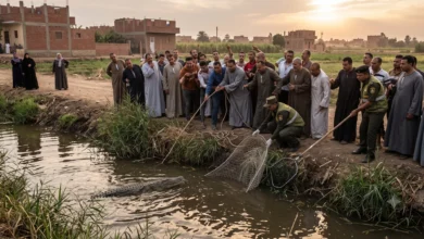 صورة واقعية لعملية صيد تمساح في مصرف مائي بقرية مصرية، تظهر تجمهر الأهالي بالملابس التقليدية ورجال أمن يحاولون الإمساك بتمساح صغير داخل المياه باستخدام شباك.